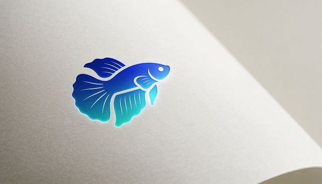Blue teal betta fish foil logo on textured paper minimal glossy gradient emblem