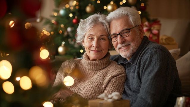 Smiling senior couple cuddling on sofa celebrating cozy Christmas with wrapped gifts