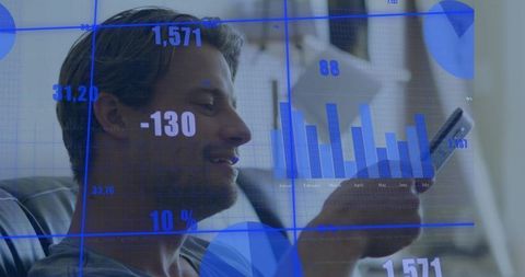 Reclining man checking finance data on smartphone with blue analytics overlay
