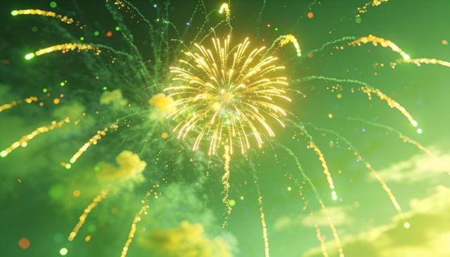 Radiant golden firework burst lighting emerald night sky with arcing spark trails