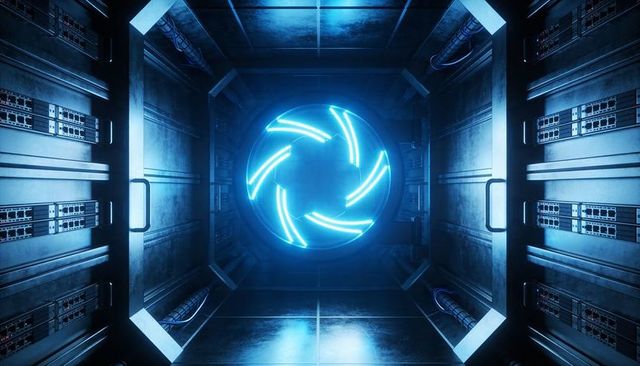 Cyan Spiral Energy Core Radiating Neon Light in Futuristic Spacecraft Engine Room