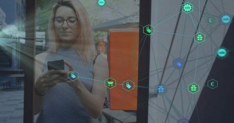 Young woman using smartphone at urban smart kiosk with interactive ar shopping overlay