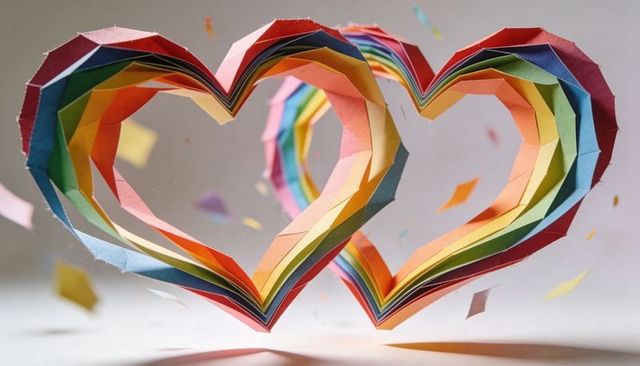 Double rainbow paper hearts celebrating pride and joy, colorful origami love