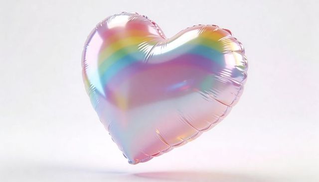 Iridescent heart balloon floating over pastel minimal backdrop with rainbow metallic sheen