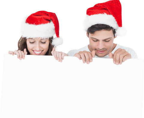 Couple in Santa Hats Holding Transparent Poster Template with Smiles