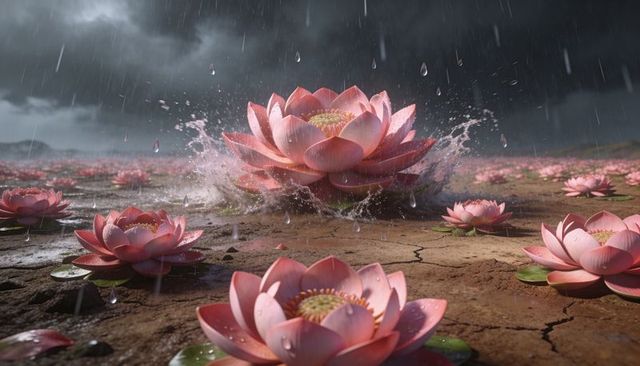 Rain-splashing lotus blooming on cracked muddy pond under storm clouds with splashing droplets
