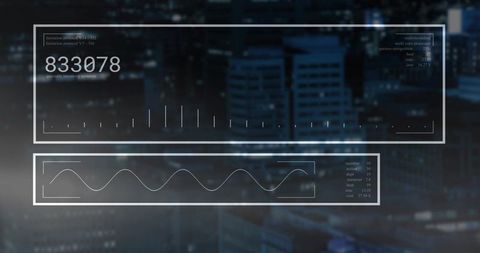 Floating futuristic hud panels over night city skyline displaying readout 833078 and waveform