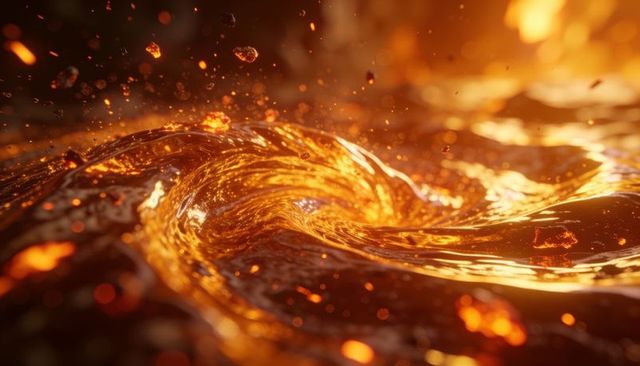 Swirling molten vortex of glowing lava and ember with reflective incandescent flow