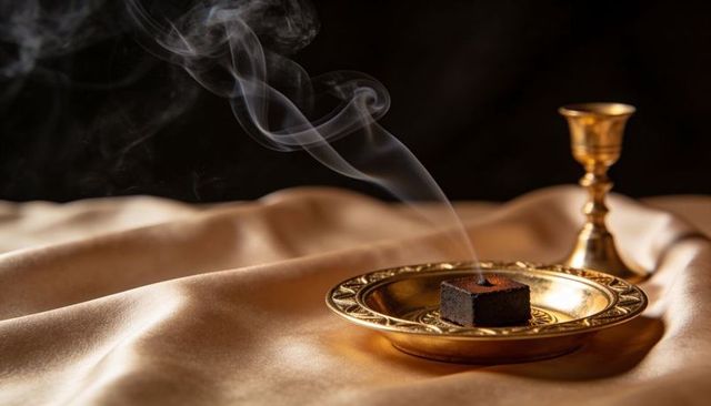 Glowing charcoal cube smoking on ornate brass plate with satin cloth and chalice