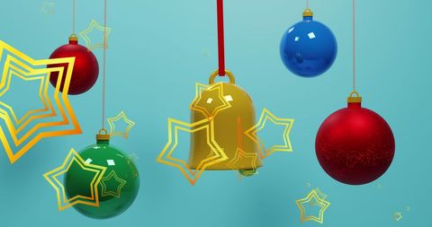 Colorful Christmas Decorations with Star Accents on Blue Background