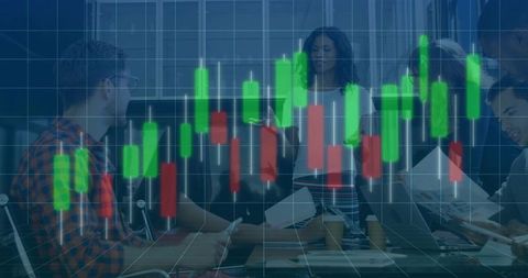 Leading woman presenting financial candlestick chart overlay in modern boardroom meeting