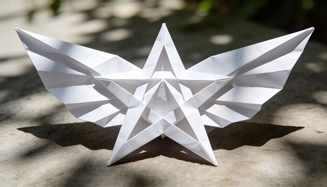 Origami star spreading pleated wings casting leaf-shaped shadows on stone