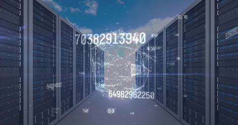 Digital data processing in modern server room with global network visualization