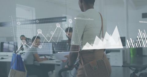 Coworking analytics overlay with woman holding bicycle in open office