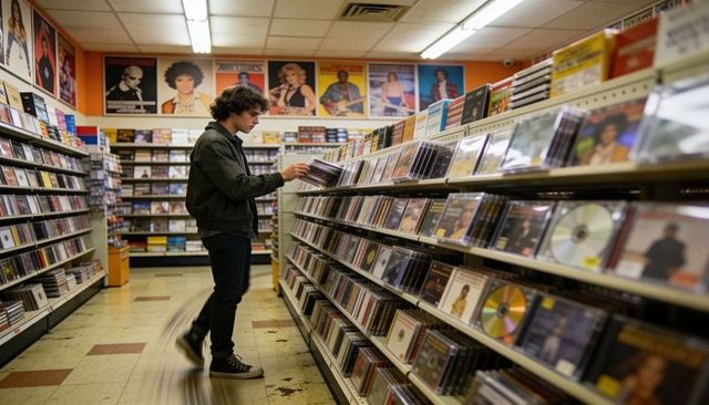 Young man browsing cds in retro music store aisle with jewelcase albums and vintage posters