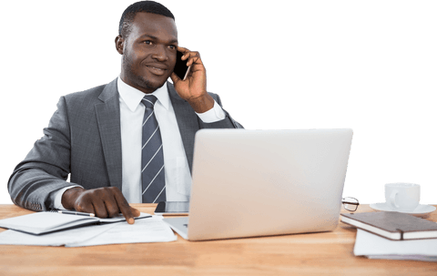 transparent businessman on phone working at desk with laptop - Download Free Stock Videos Pikwizard.com