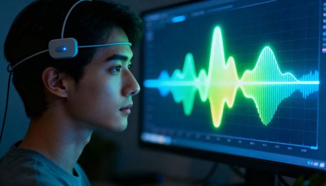 Monitoring asian man wearing eeg headband viewing neural waveform on monitor