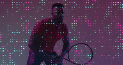 Dynamic Male Athlete with Tennis Racket and Pixel Overlay