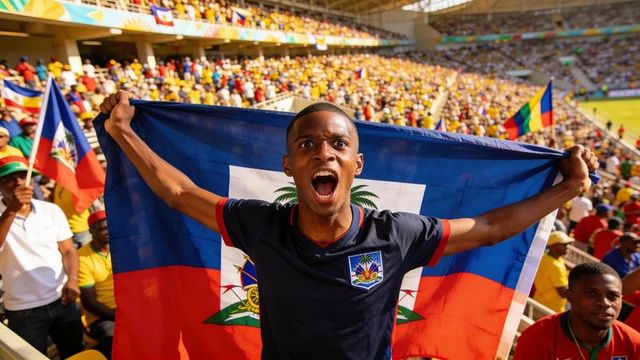 Ecstatic haitian fan waving national flag cheering loudly in packed soccer stadium