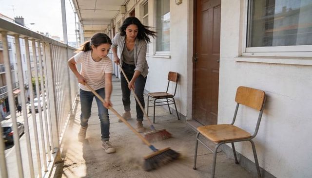 Mother and daughter sweeping dusty apartment balcony together carrying brooms urban chores