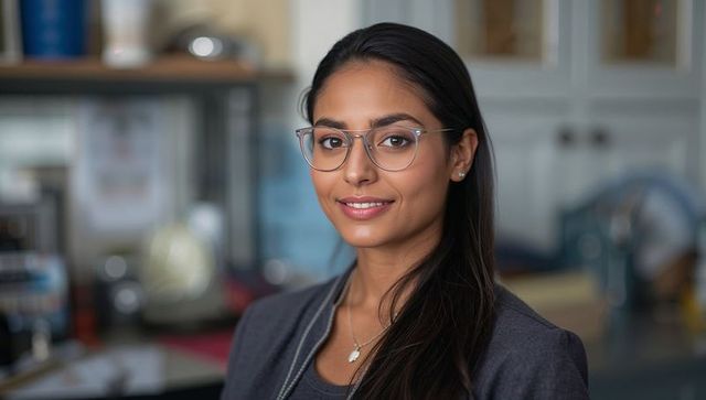 Confident business professional wearing clear glasses and grey blazer corporate headshot
