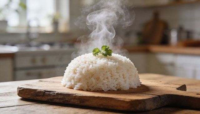 Steaming dome of fluffy white rice on rustic cutting board with parsley garnish