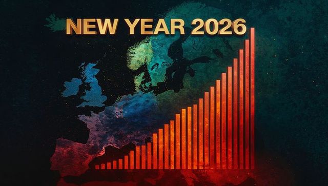 New year 2026 europe growth infographic with rising bar chart and gold headline