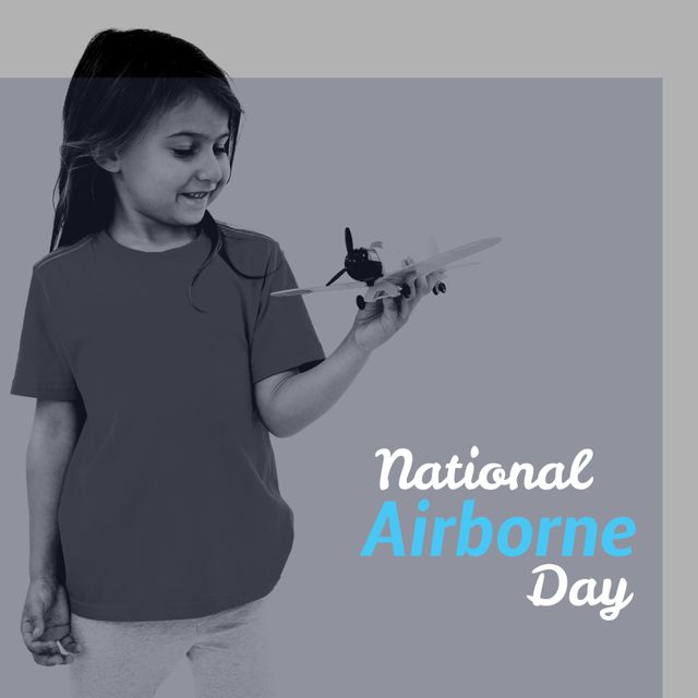 Image of young girl holding and playing with a toy airplane, celebrating National Airborne Day. Great for educational content, aviation-related promotions, holiday creatives, and children's activities. Perfect for emphasizing themes of childhood joy, imagination, and  National Airborne Day celebration.