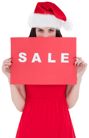 Woman holding sale sign with santa hat on transparent background