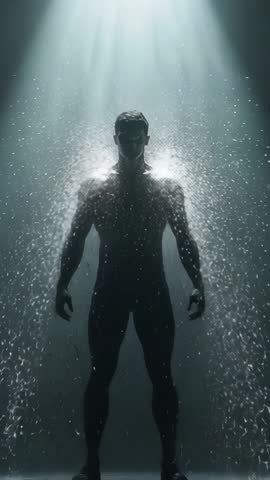 Vertical video showing muscular silhouette standing in spotlight with cascading droplets