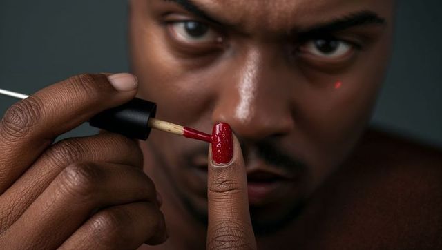 Man painting nails with red polish close-up intense focus manicure detail studio portrait