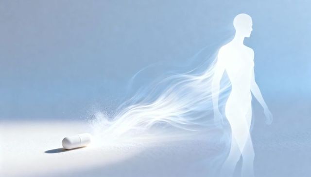 Capsule releasing ethereal human silhouette representing healing, energy, consciousness