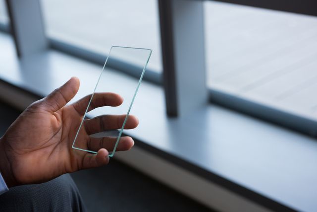 This image shows a male executive holding a transparent smartphone in a modern, futuristic office. Ideal for illustrating concepts of advanced technology, innovation in business, and future communication tools. Suitable for use in articles, presentations, and marketing materials related to tech advancements, business innovation, and futuristic office environments.