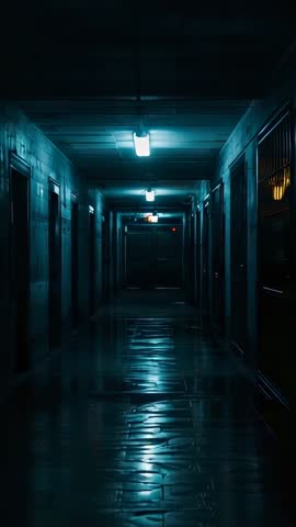 Moving camera gliding down moody blue-lit corridor with reflective floor and exit sign