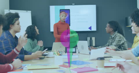 Diverse Team Analyzing Data with Virtual Interface Overlay