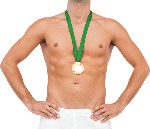 Male Athlete Posing with Gold Medal on White Background for Transparent Use