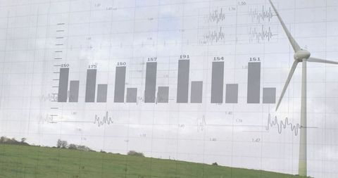 Wind Energy Data Visualization Showing Transparent Bar Chart Over Rural Meadow and Turbine