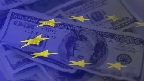 EU Flag Overlay on Stacked US Dollar Bills Representing Economic Relations