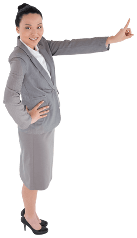 Confident asian businesswoman pointing for transparent presentation