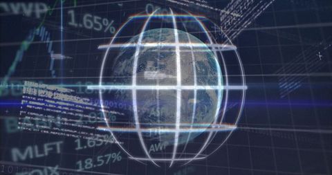 Holographic Earth Globe with Data Overlay and Neon Wireframe for Fintech Visualization