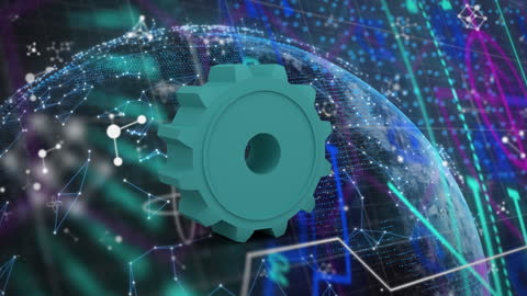 Futuristic Gear Amidst Digital Data and Global Connectivity