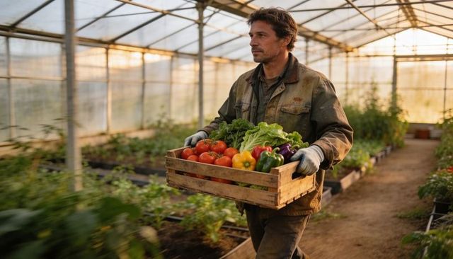 Greenhouse farmer carrying crate of organic fresh tomatoes peppers lettuce morning light