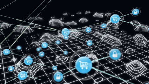 Digital Network with Icons Over 3D Landscape Interface