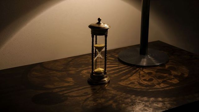 Vintage brass hourglass with golden sand lit by soft lamp shadow
