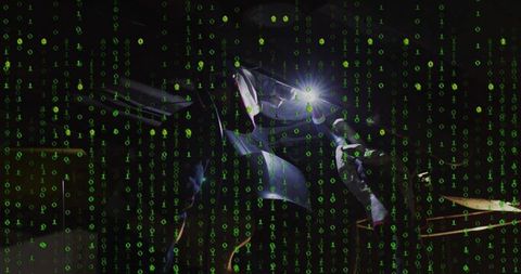 Female welder working in workshop with futuristic binary overlay