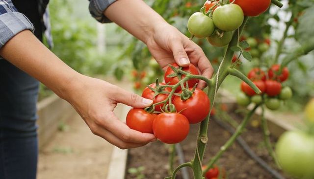 Harvesting ripe red tomatoes on vine in greenhouse raised bed with drip irrigation