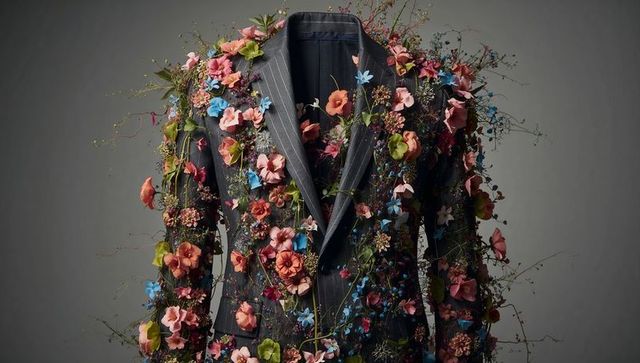 Tailored pinstripe suit jacket blooming with wildflowers and vines for botanical fashion