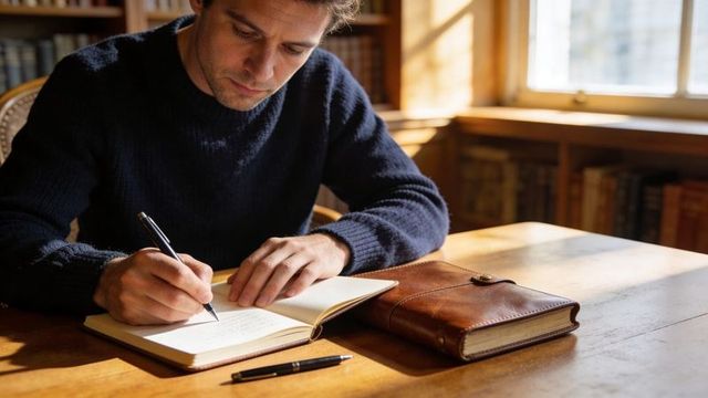 Man writing in leather-bound journal on sunlit wooden desk in cozy library workspace