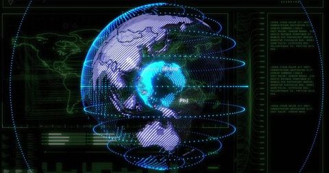 Holographic globe assembling purple land panels with orbiting data rings and hud analytics