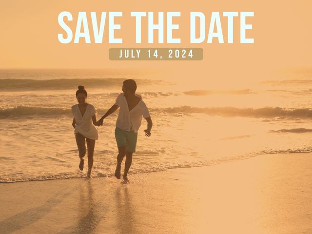 This save the date template captures a romantic scene of a couple running along the beach at sunset, perfect for wedding announcements or other romantic events. It evokes feelings of love and togetherness, making it an ideal choice for invitations, engagement announcements or social media posts for special occasions.